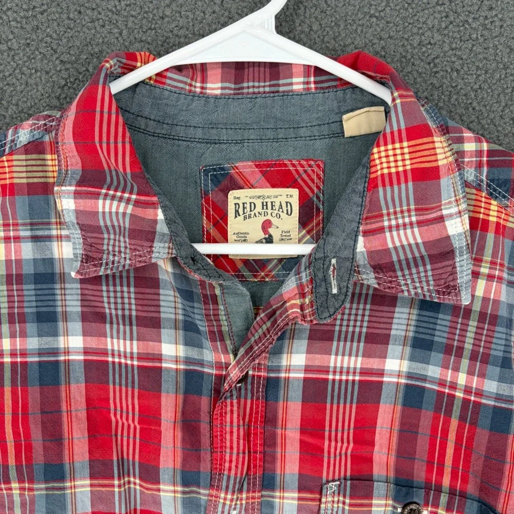 RedHead Mens XL Short Sleeve Plaid Button Up Shirt Red Blue Cotton RN74747